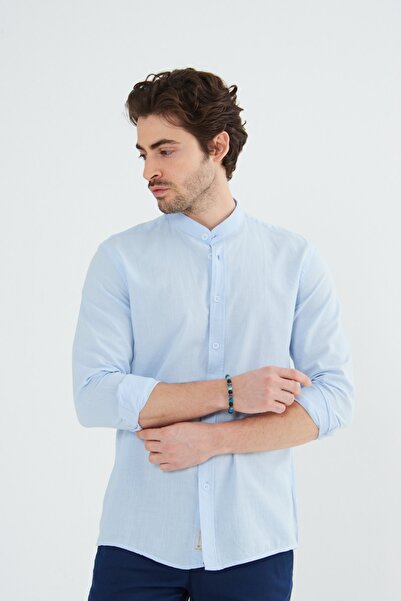 RAVANELLI Blue Prevailing Collar Modern Slim Fit Linen Look Flam Long Sleeve Men's Shirt