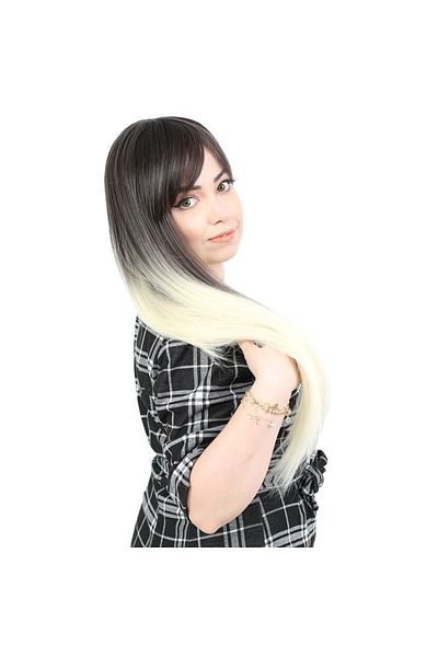 KONAK PERUK Fiber Synthetic Black / Platinum Ombreli Long Bangs Wig