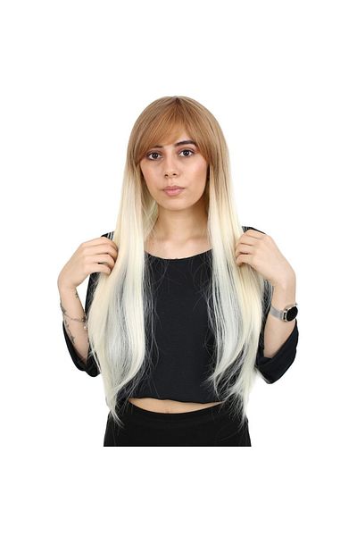 KONAK PERUK Long Synthetic Fiber Wig - Bangs, Honey Foam, Platinum Ombre