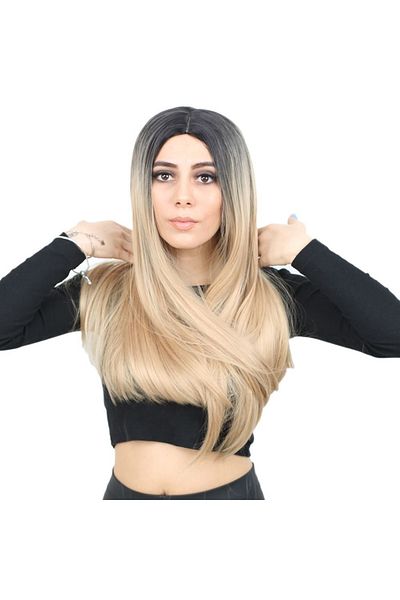 KONAK PERUK Ombre Black Honey Foam Fiber Synthetic Long Wig