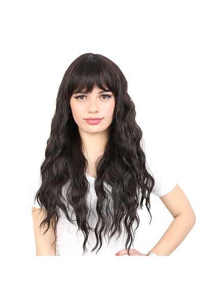 KONAK PERUK Long Water Wave Fiber Synthetic Wig with Perch - Brown