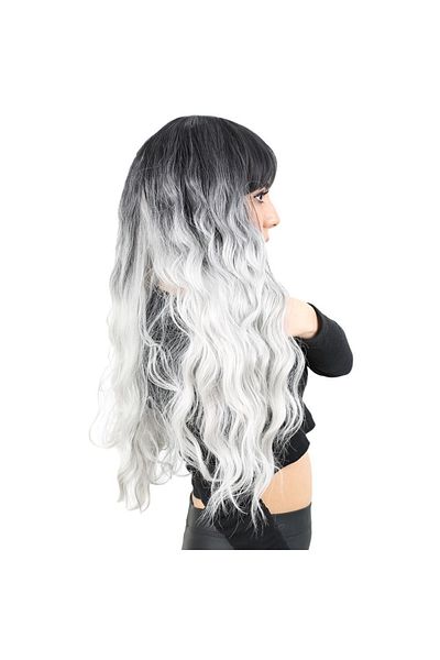 KONAK PERUK Long Water Wave Fiber - Riveted Synthetic Wig Black/Light Grey Ombrel