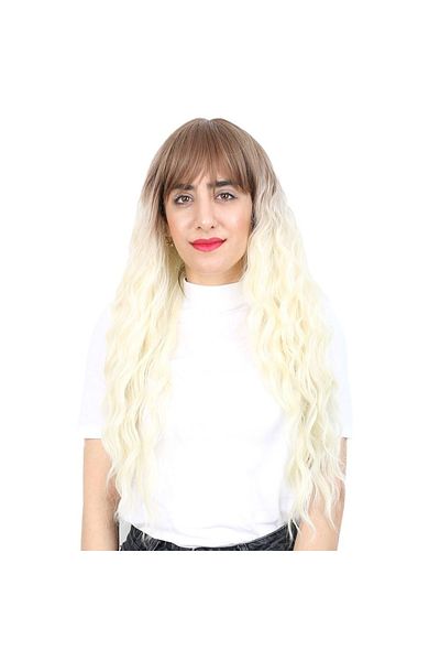 KONAK PERUK Fiber Synthetic Wig - Long Water Wave with Perch, Auburn / Platinum Ombrel