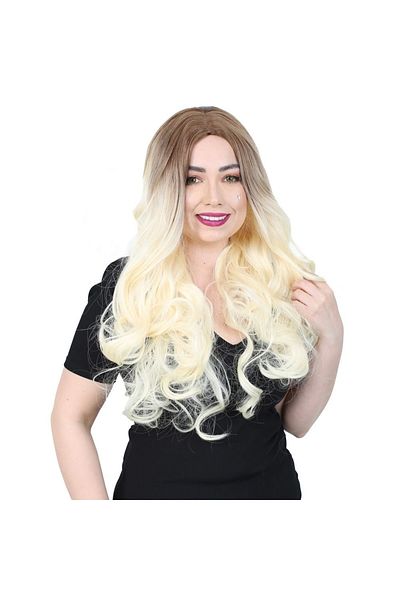 KONAK PERUK Dense Wavy Fiber Synthetic Long Rivetless Wig - Light Bubble / Platinum Ombreli