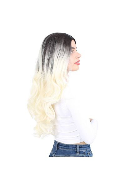 KONAK PERUK Dense Wavy Fiber Synthetic Long Rivetless Wig - Ashy Black / Platinum Ombreli