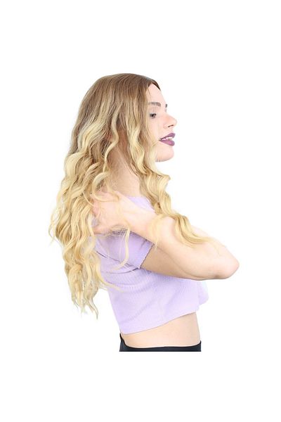 KONAK PERUK Water Wave Long Rivetless Fiber Synthetic Wig - Auburn / Yellow Ombreli
