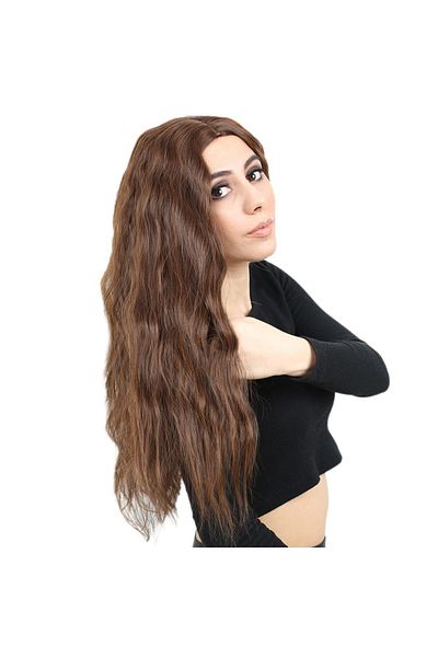 KONAK PERUK Long Fiber Synthetic Wig - Fluffy Wavy, Brown Caramel
