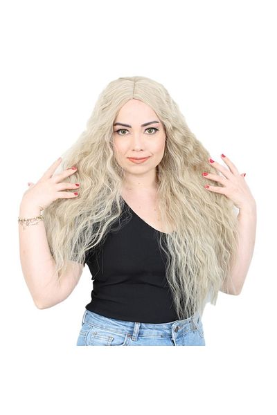 KONAK PERUK Fluffy Wavy Long Fiber Synthetic Wig - Honey Foam / Platinum Highlights