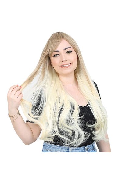 KONAK PERUK Fiber Synthetic Long Wavy Wig with Bangs - Platinum Ombreli Ashy Honey Foam