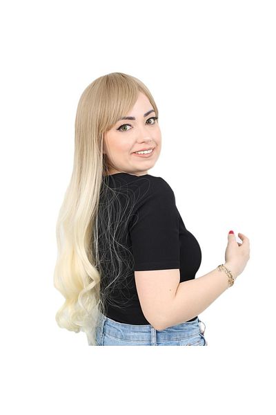 KONAK PERUK Fiber Synthetic Long Wavy Wig with Bangs - Platinum Ombreli Ashy Honey Foam