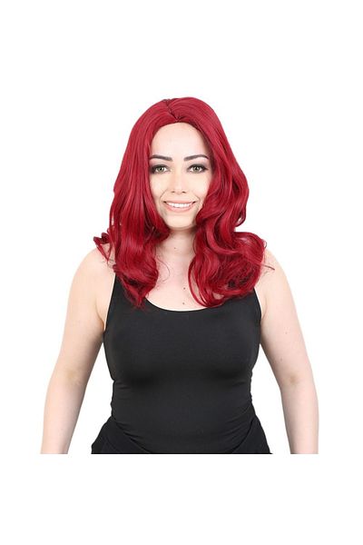 KONAK PERUK Red Medium Wavy Synthetic Fiber Wig - No Bangs