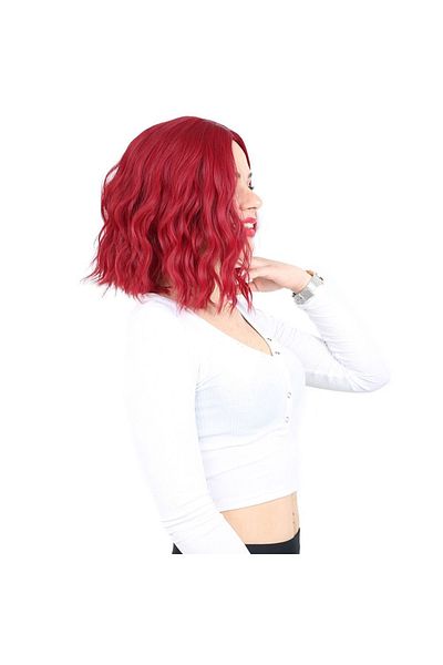 KONAK PERUK Red Short Wavy Fiber Synthetic Rivetless Wig