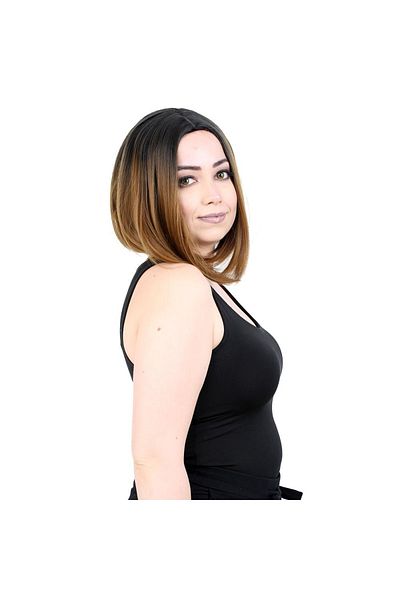 KONAK PERUK Short Fiber Synthetic Wig - No Bangs, Black / Caramel Ombreli