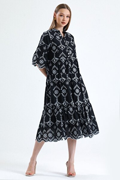 MD trend Women's Black Magnetic Collar Buttoned Lined Short Flounce Sleeve Wide Cut Embroidery Dress