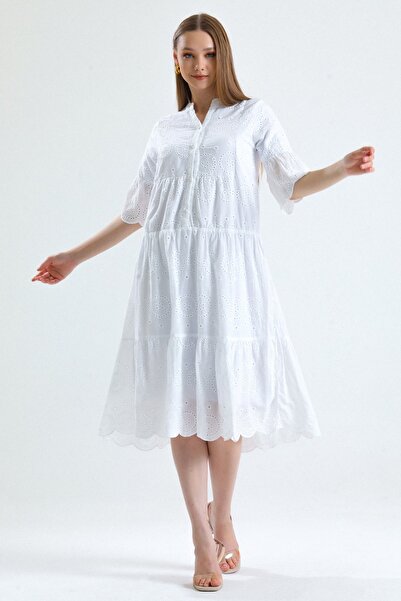 MD trend Women's Ecru Collar Buttoned Lined Short Flounce Sleeve Wide Cut Embroidery Dress