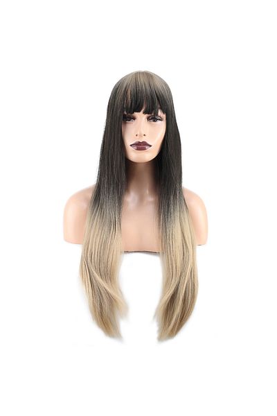 KONAK PERUK Long Fiber Synthetic Wig - Black with Straight Perch, Ash, Honey Foam Ombrel