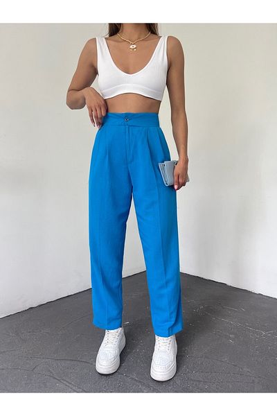 LB Laluna Butik Pantaloni de damă cu talie înaltă cu aspect de in până la gleznă