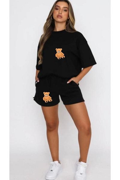 Mythologie T-shirt Teddy Bear Μικτό Σετ Σορτς 2 τεμαχίων - Μαύρο, εμπριμέ, Oversize, Crew Neck
