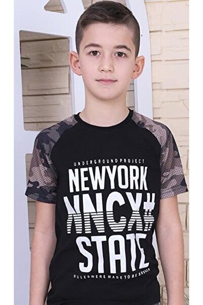 Nanica Kids Boy's Black Color New York Written Sleeve Camouflage Summer T-Shirt