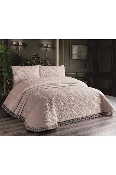 GENÇEV HOME COLLECTİONS Laced Microfiber Bedspread Set Cappicino * Bedspread 250 X 260 Cm