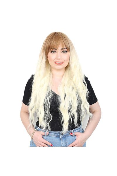 KONAK PERUK Long Water Wave Fiber Synthetic Wig with Perch - Honey Foam / Platinum Short Ombreli