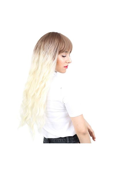 KONAK PERUK Fiber Synthetic Wig - Long Water Wave with Perch, Auburn / Platinum Ombrel