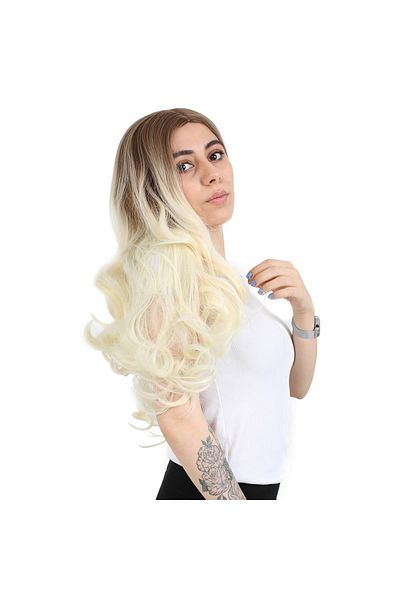 KONAK PERUK Fiber Synthetic Long Rivetless Wig - Dense Wavy, Auburn/Platinum Ombreli