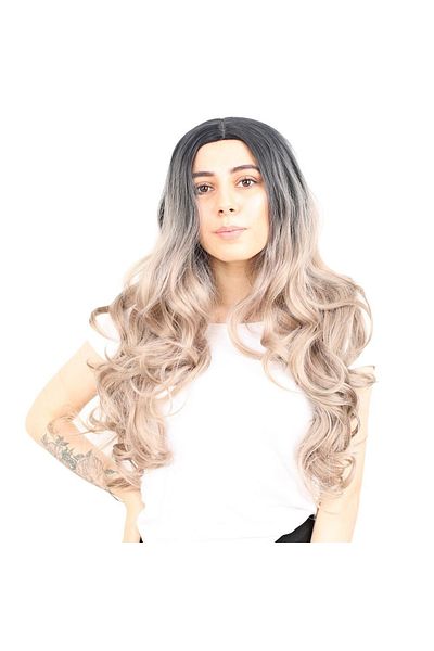 KONAK PERUK Long Ombre Fiber Wig for Black/Ash Baby - Dense Wavy and Non-Rivet
