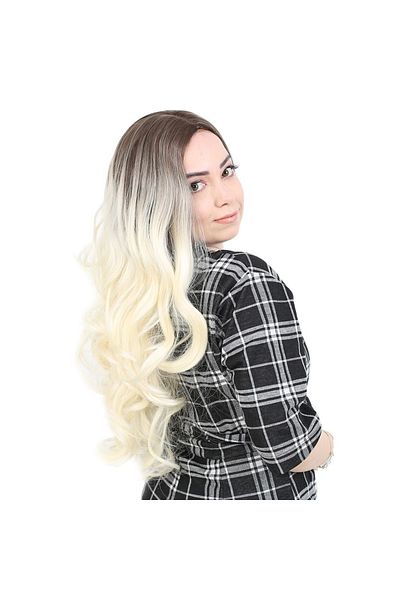 KONAK PERUK Dense Wavy Fiber Synthetic Long Rivetless Wig - Ashy Light Brown / Platinum Ombreli