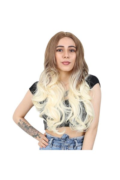 KONAK PERUK Fiber Synthetic Dense Wavy Long Rivetless Wig - Platinum Ombreli Honey Foam