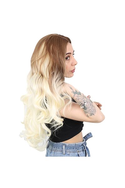 KONAK PERUK Fiber Synthetic Dense Wavy Long Rivetless Wig - Platinum Ombreli Honey Foam