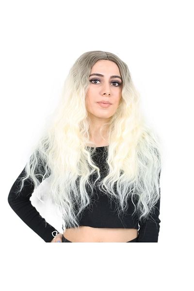 KONAK PERUK Long Fiber Synthetic Wig - Fluffy Wavy, Ashy Light Brown/Platinum Ombreli