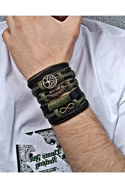 BSN Store Leaf Infinity Tree Antique Bronze Figured Black Leather Green String 6-Piece Genuine Leather Bracelet