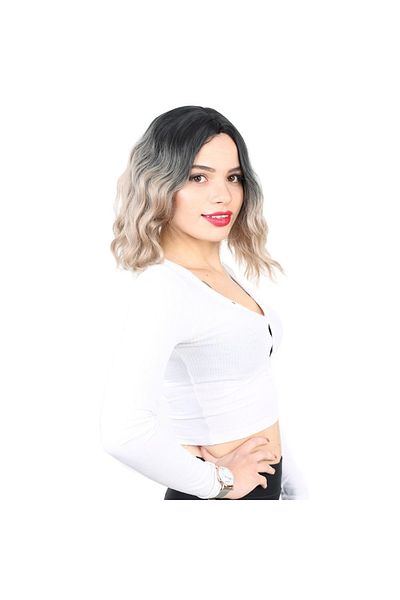 KONAK PERUK Fiber Synthetic Black Yellow Ombreli Non-Rivet Wig - Short Wavy Baby
