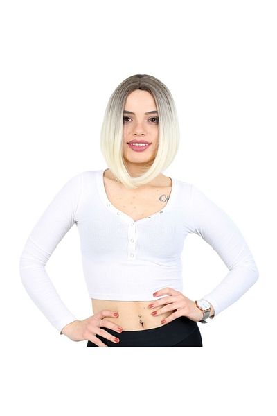 KONAK PERUK Short Fiber Synthetic Wig - Ashy Light Brown / Platinum Ombrel, No Bangs