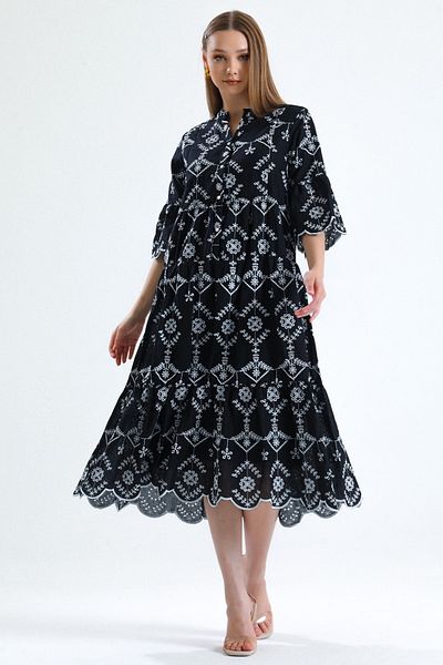 MD trend Women's Black Magnetic Collar Buttoned Lined Short Flounce Sleeve Wide Cut Embroidery Dress