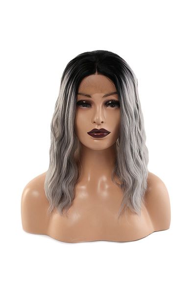 KONAK PERUK Black Gray Ombreli Short Tulle Wig - Fiber Synthetic Wavy