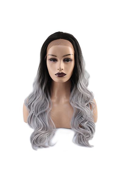 KONAK PERUK Fiber Synthetic Black/Grey Tulle Wig - Water Wave Ombreli