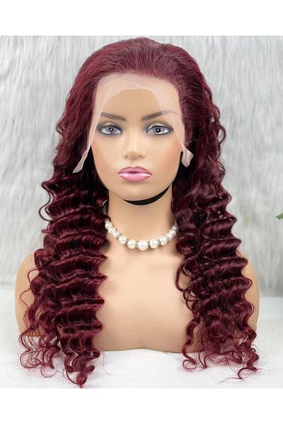 KONAK PERUK Dark Red 70-75cm Real Front Lace Tulle Wig - Dense Wavy