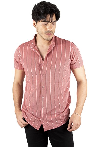 DeepSEA Men's Red Line Patterned High Collar Short Sleeve Combed Cotton Shirt...