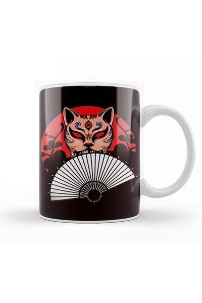 Baskı Dükkanı كوب من البورسلين بمروحة يدوية يابانية للقطط Geisha Samurai Ninja Shinobi Warrior