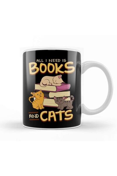Baskı Dükkanı All I Need Is Books And Cats Cute Book Obsessed Mug Glass Porce...