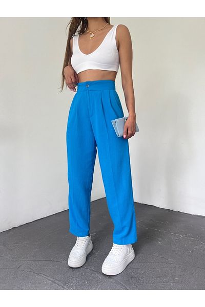 LB Laluna Butik Pantaloni de damă cu talie înaltă cu aspect de in până la gleznă