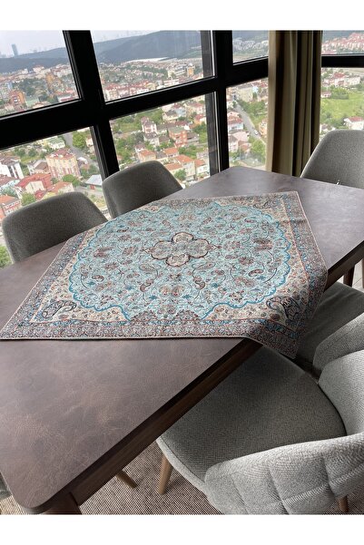 ELSAY Mavi Silver Simli Kare El Yapımı Masa Örtüsü,bohça,çeyizlik,el Işi,hedi...