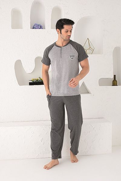 KAPİTEX Σετ ανδρικών πιτζάμες με κοντό μανίκι Raglan με έξι μακριές τσέπες με τρία κουμπιά γκρι μελανζέ