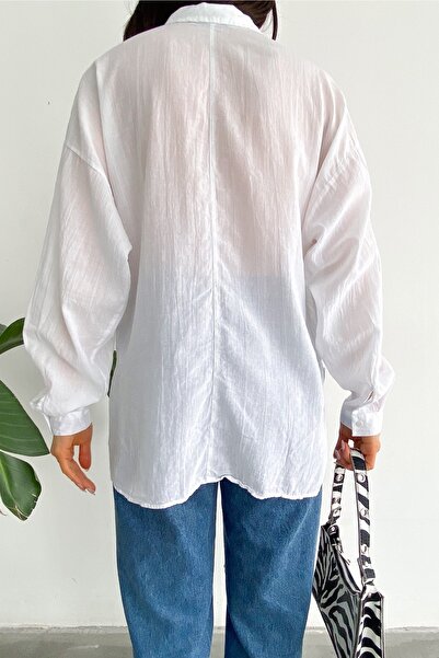 FEMELLE Women's White Low Shoulder Single Pocket Basic Oversize Wide Fit Shirt