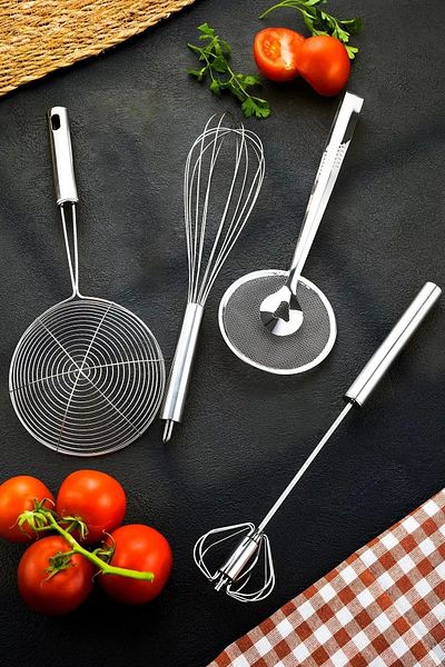 Trouvaille Steel Colander Ladle Strainer Oil Frying Donut Tongs 2 Heads Pizza Cutter Steel Press Wire Beater