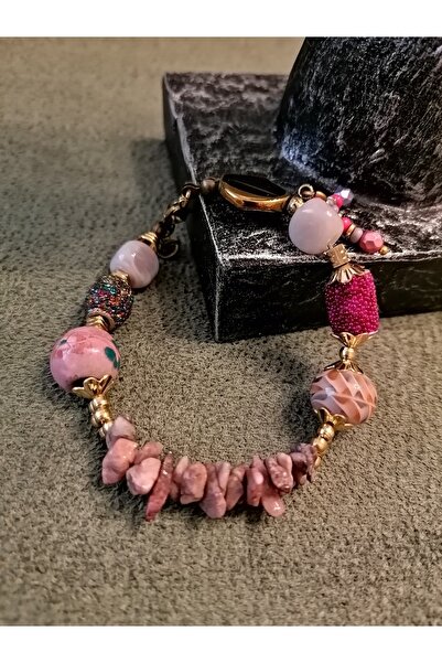 Pembe-mor Renkli, Seramik, Pirinç Boncuklu Etnik-otantik-bohem Makrome Kadın Bileklik