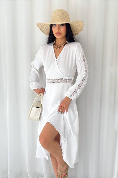 Neşeli Butik Γυναικείο φόρεμα αποφοίτησης με λεπτομέρειες από γκιπούρ Kklf11 - Λευκό