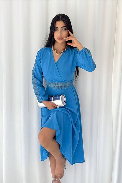 Neşeli Butik Rochie de damă cu detaliu guipură Kklf11 - Albastru
